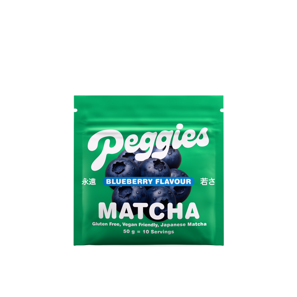 Peggies Blueberry Matcha 50g resealable pouch, green packaging