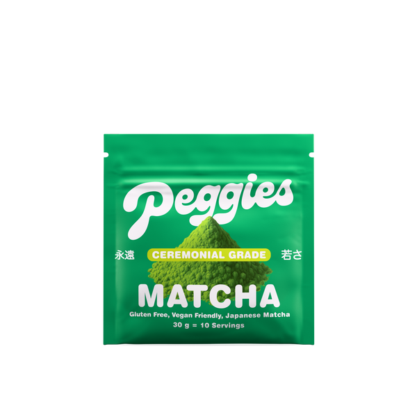 Peggies Ceremonial Grade Matcha 30g resealable pouch, green packaging