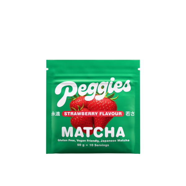 Peggies Strawberry Matcha 50g resealable pouch, green packaging