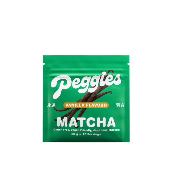 Peggies Vanilla Matcha 50g resealable pouch, green packaging