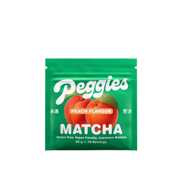 Peggies Peach Matcha 50g resealable pouch, green packaging